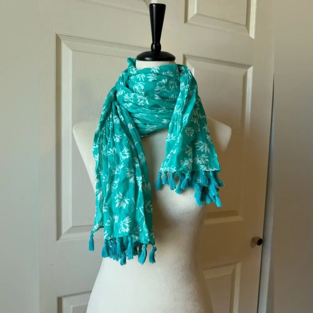 Teal Floral‎ Tassel Scarf Wrap Lightweight Boho Coastal Spring Layering